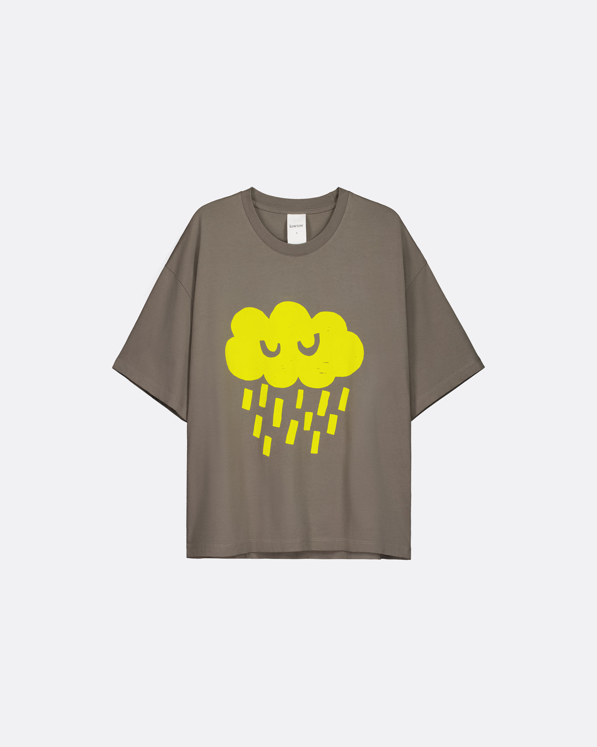 A taupe-brown short-sleeve t-shirt featuring a cartoon graphic of a smiling yellow cloud raining yellow raindrops on the front, displayed against a light gray background.