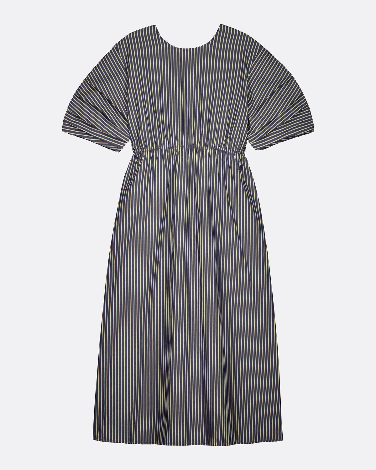 A short-sleeved midi dress with vertical black and white stripes, featuring a gathered waist and puff sleeves, shown against a light gray background.