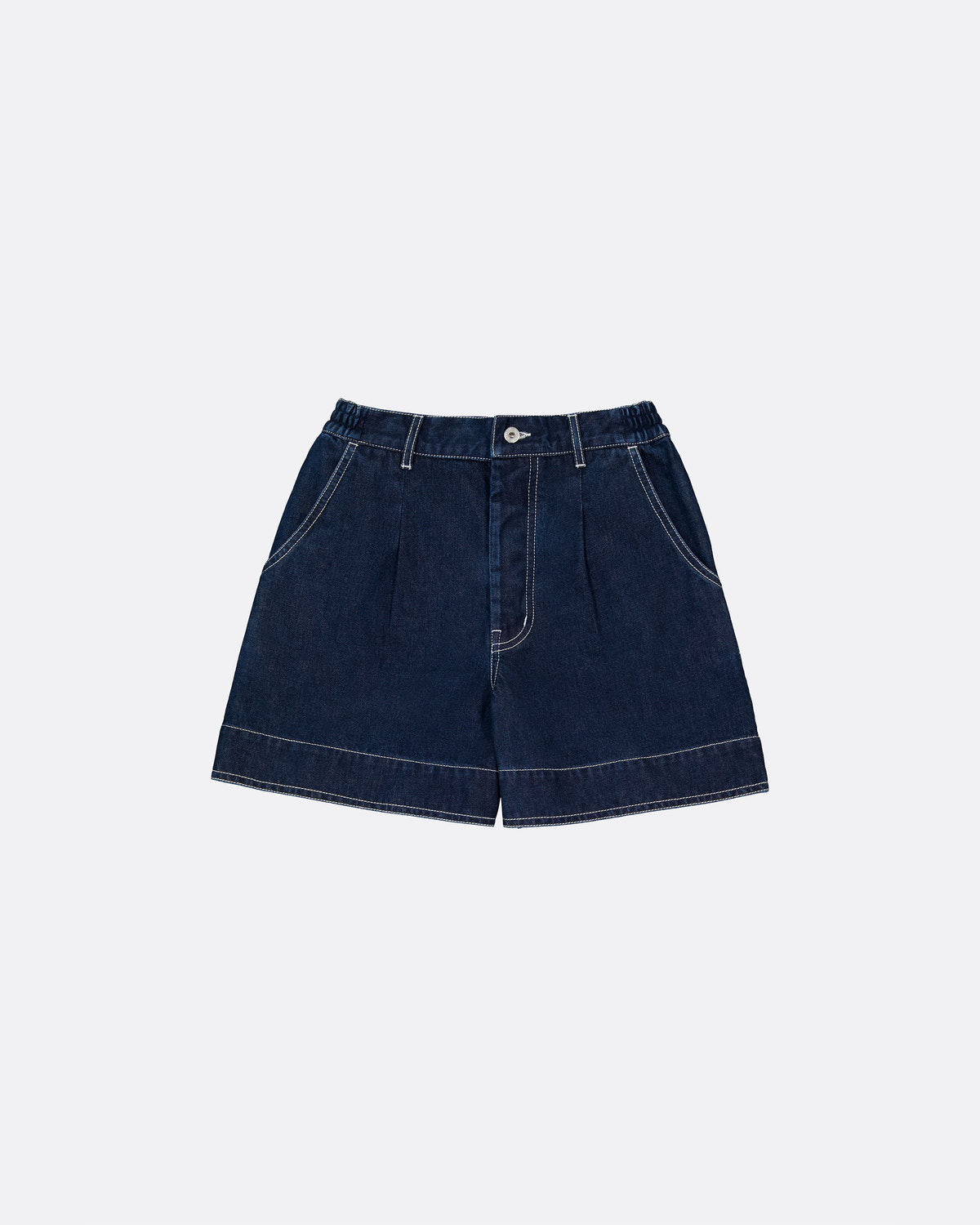 Dark denim shorts on a light gray background