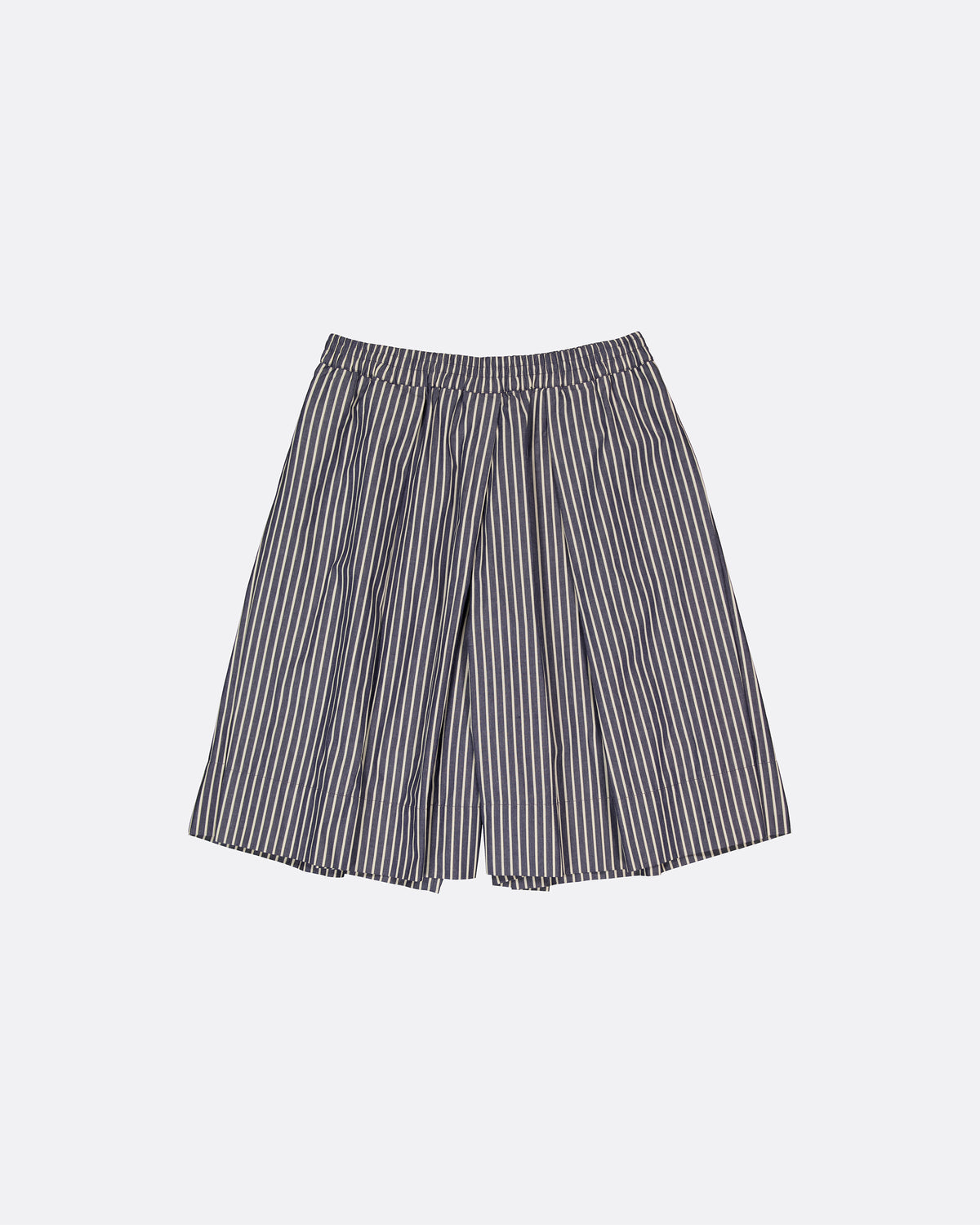 A pair of wide-leg shorts with vertical navy and white stripes, featuring an elastic waistband, shown against a plain light gray background.