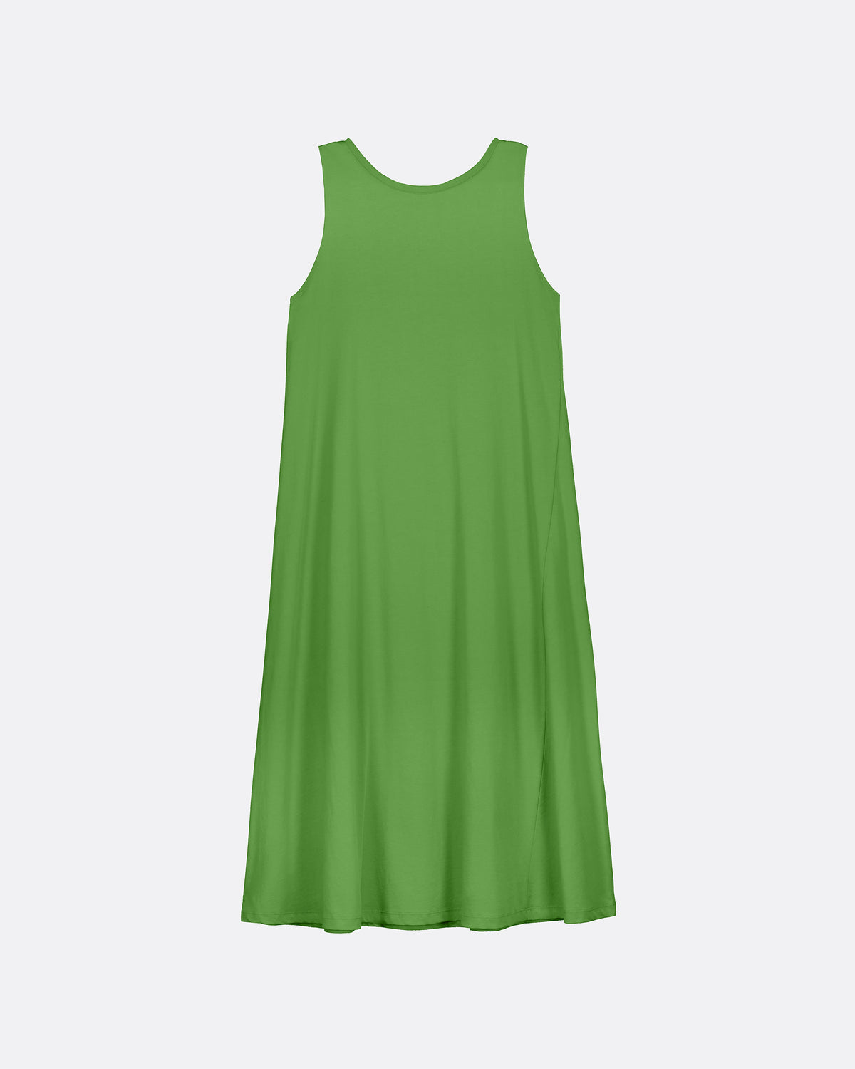 A sleeveless green shift dress with a wide scoop neckline, displayed against a light gray background.