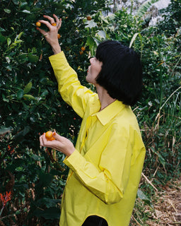 A person with short black hair wearing a bright yellow button-up shirt reaches for small orange fruits hanging on a leafy tree, with one fruit held in their hand, set against a lush green outdoor background.