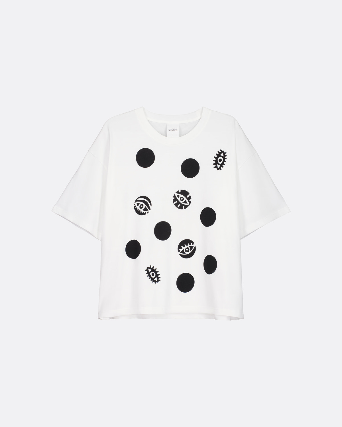 A white short-sleeve t-shirt with a black graphic print of various circular and geometric motifs, displayed on a light gray background.
