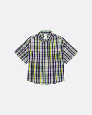 A short-sleeve button-up plaid shirt in dark gray, white, and yellow-green stripes, displayed flat against a light gray background.