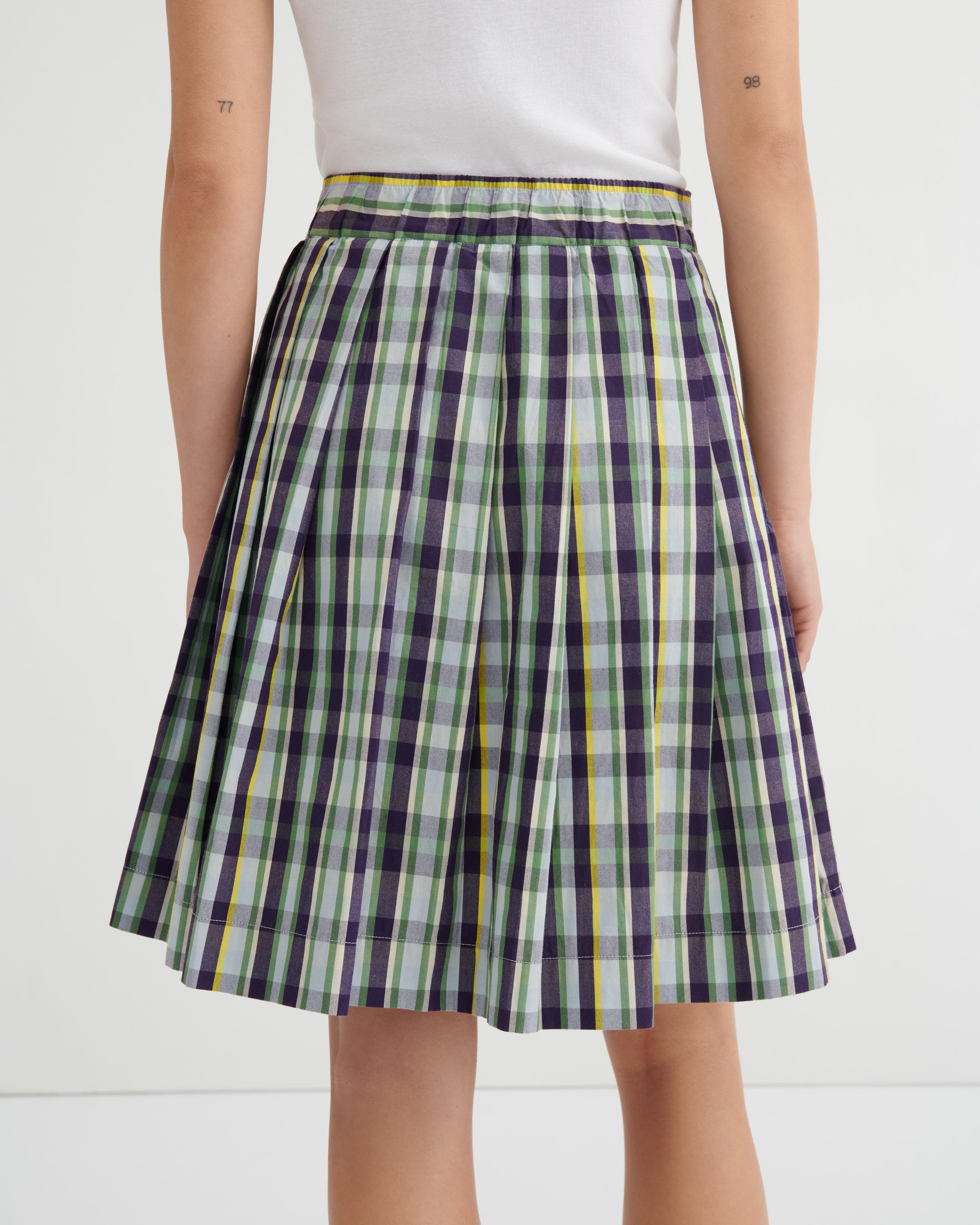 A pleated A-line skirt with a green, purple, and yellow plaid pattern, worn by a model with a white top against a plain white background.