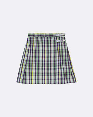 A pleated A-line skirt featuring a plaid pattern in navy, white, and lime green, shown against a light gray background.