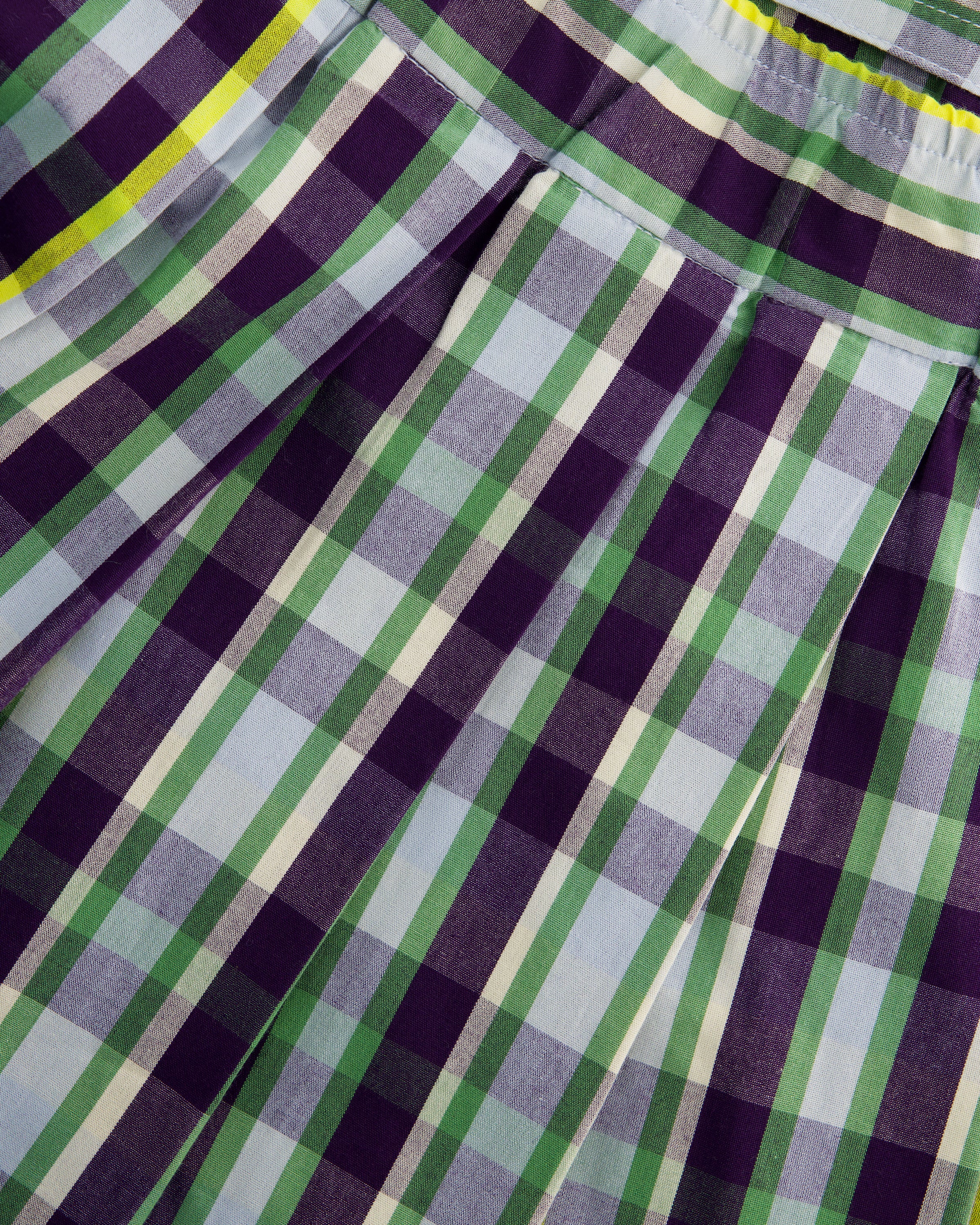 A close-up of a pleated fabric garment, likely a skirt or shorts, featuring a green, purple, gray, and white plaid pattern with a thin yellow stripe.