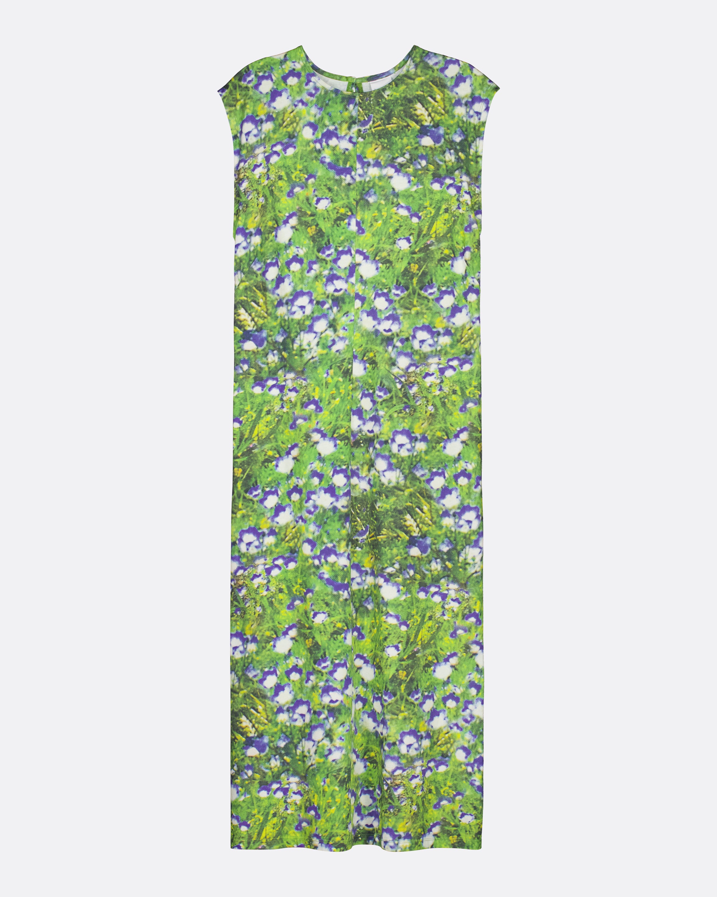 A sleeveless maxi dress featuring an all-over floral print of green leaves and purple flowers, displayed flat against a light gray background.