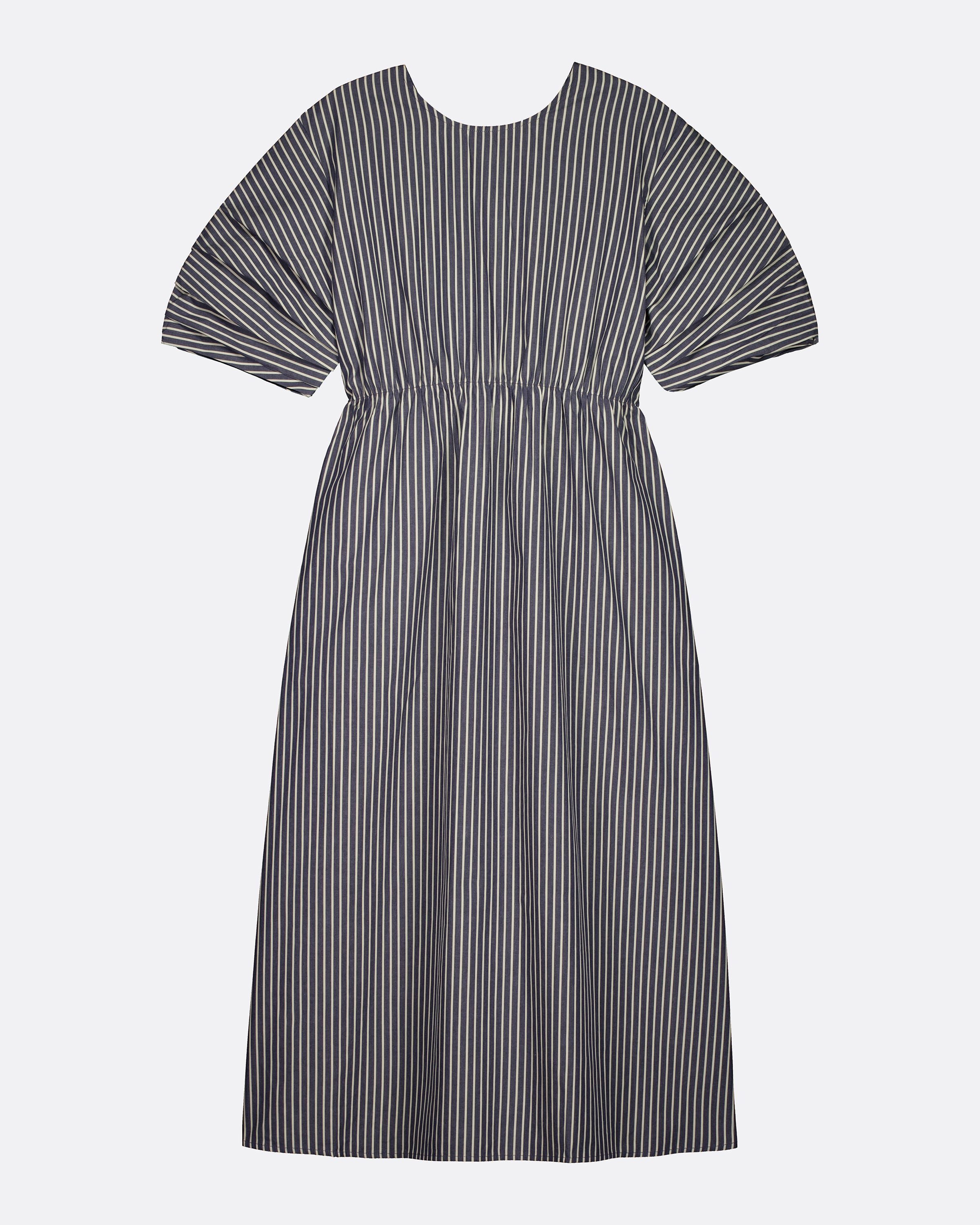 A short-sleeved midi dress with vertical black and white stripes, featuring a gathered waist and puff sleeves, shown against a light gray background.