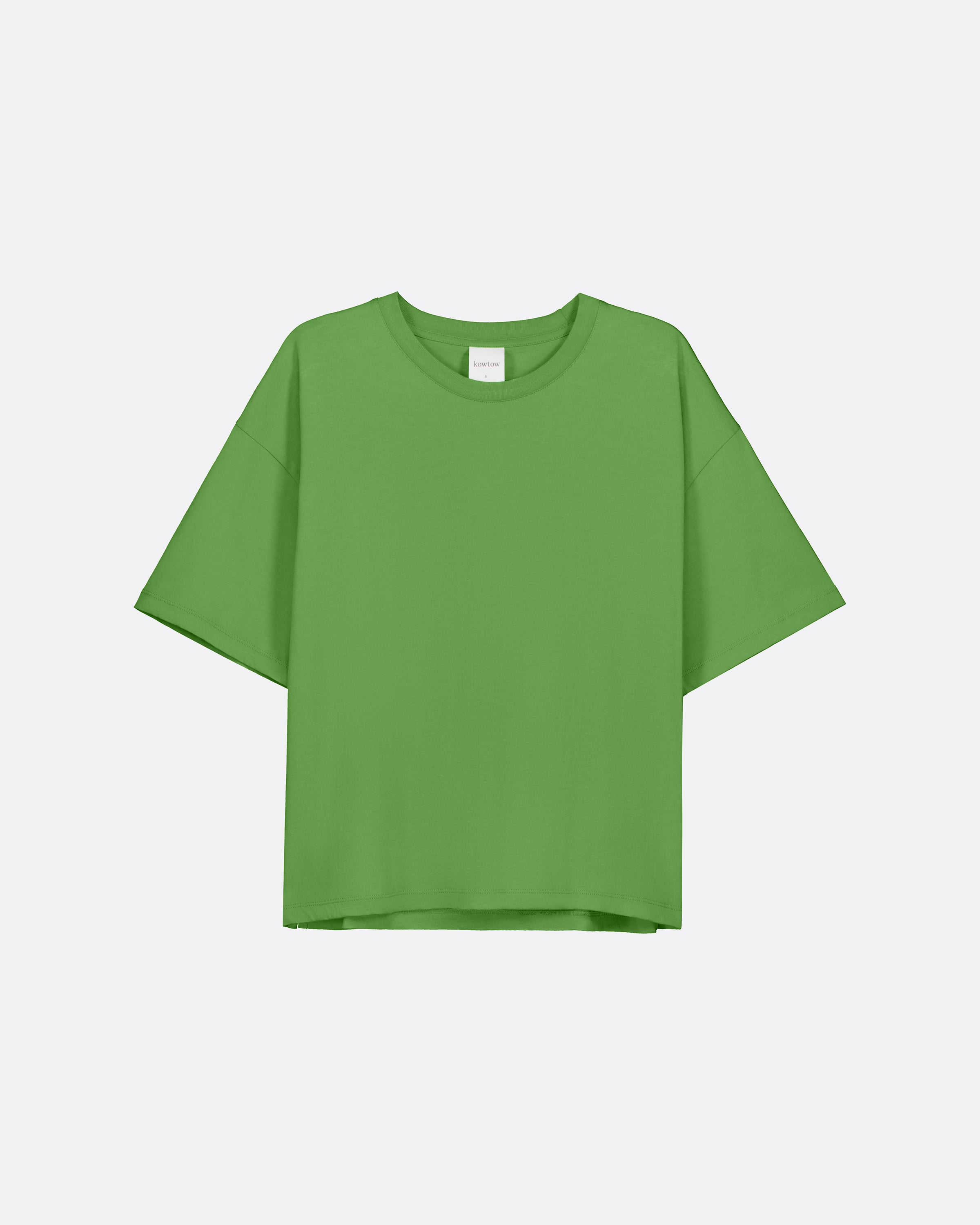 A bright green short-sleeve crewneck t-shirt displayed flat against a light gray background.