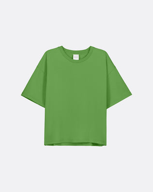 A bright green short-sleeve crewneck t-shirt displayed flat against a light gray background.