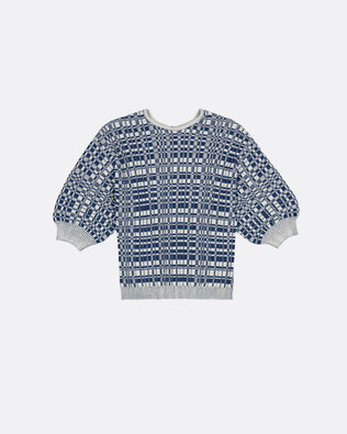 A short-sleeve knit sweater with a geometric blue and white pattern, featuring balloon sleeves and ribbed cuffs and hem, shown against a light gray background.