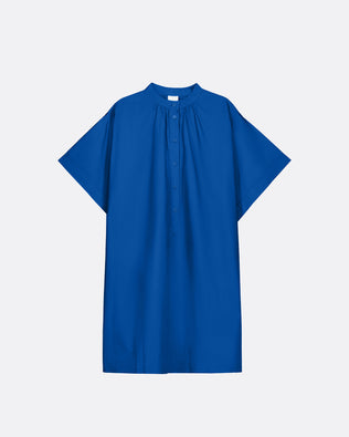 A royal blue short-sleeve blouse with a high gathered neckline and a button placket, displayed flat against a light gray background.