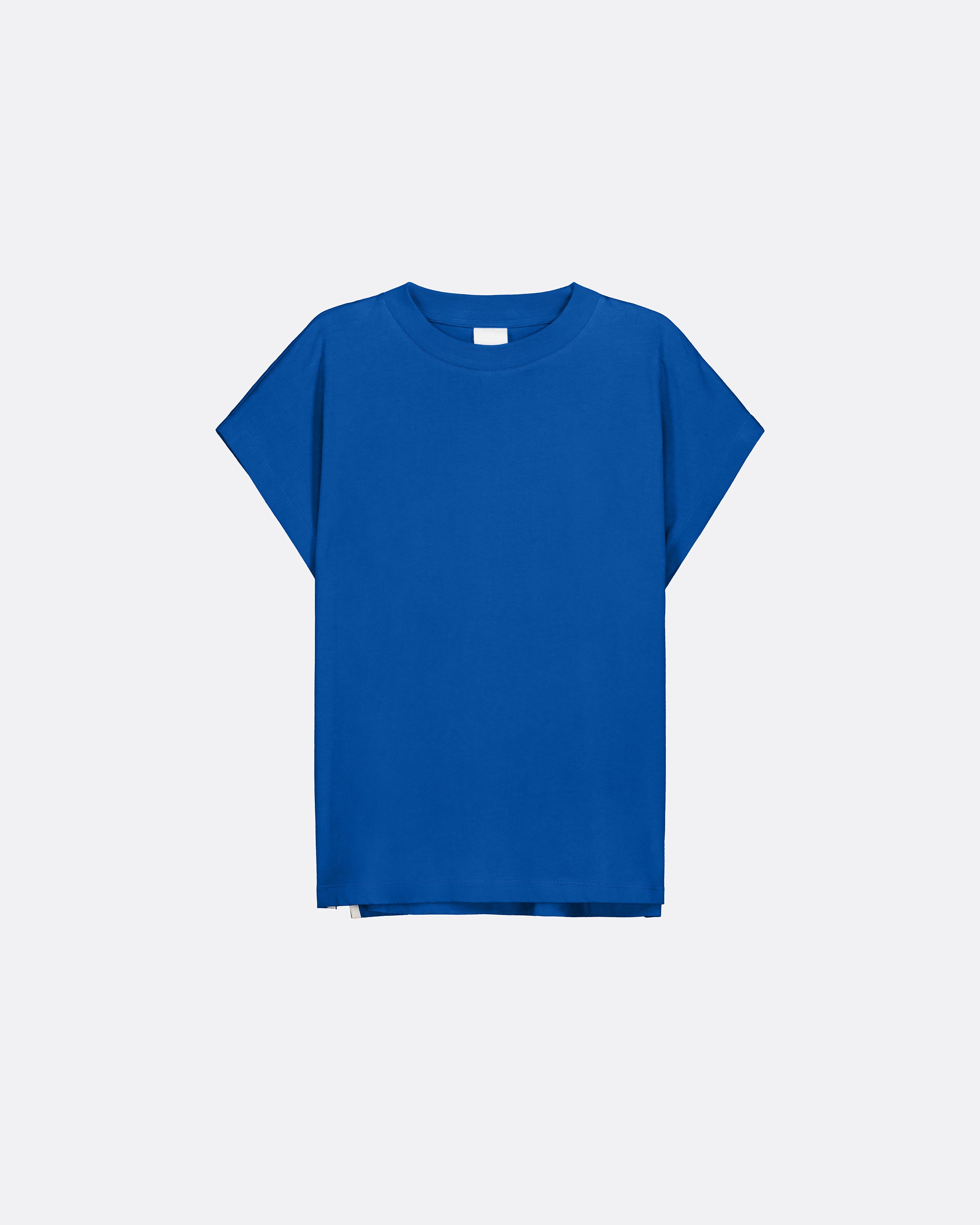 A solid blue short-sleeve crewneck t-shirt displayed flat against a light gray background.