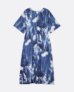 A short-sleeve midi dress with a blue and white tie-dye pattern, shown flat against a light gray background.
