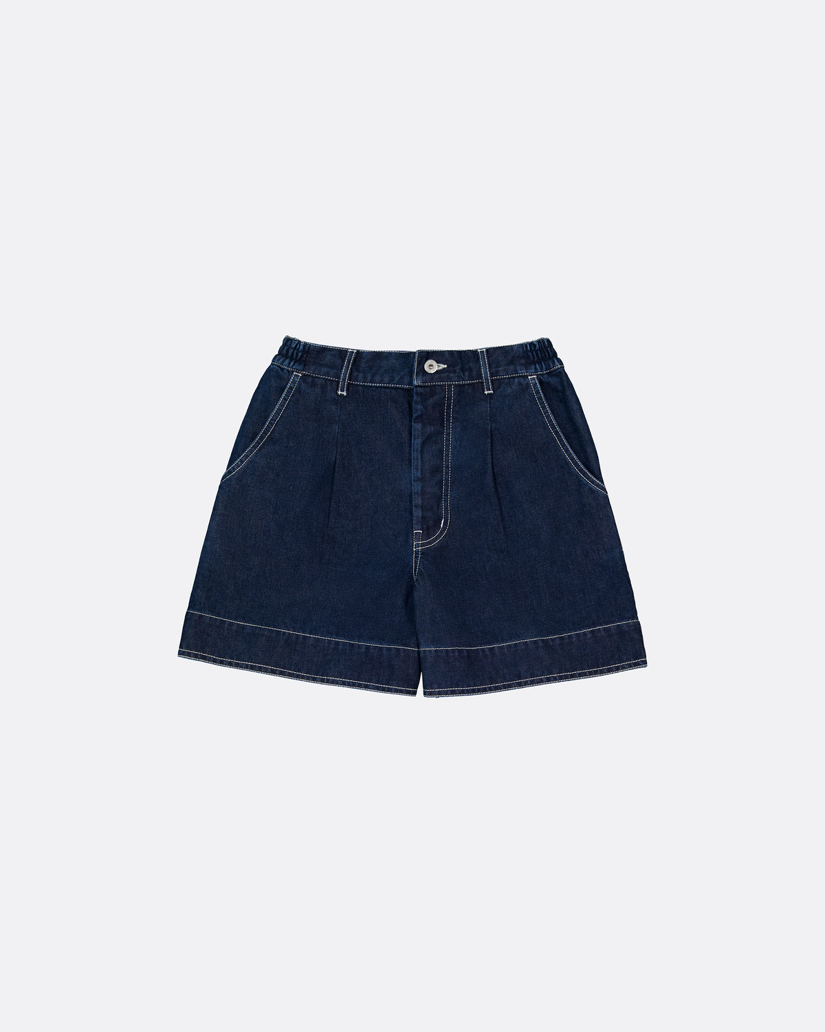 Dark denim shorts on a light gray background
