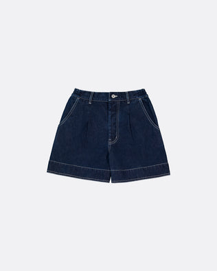 Dark denim shorts on a light gray background