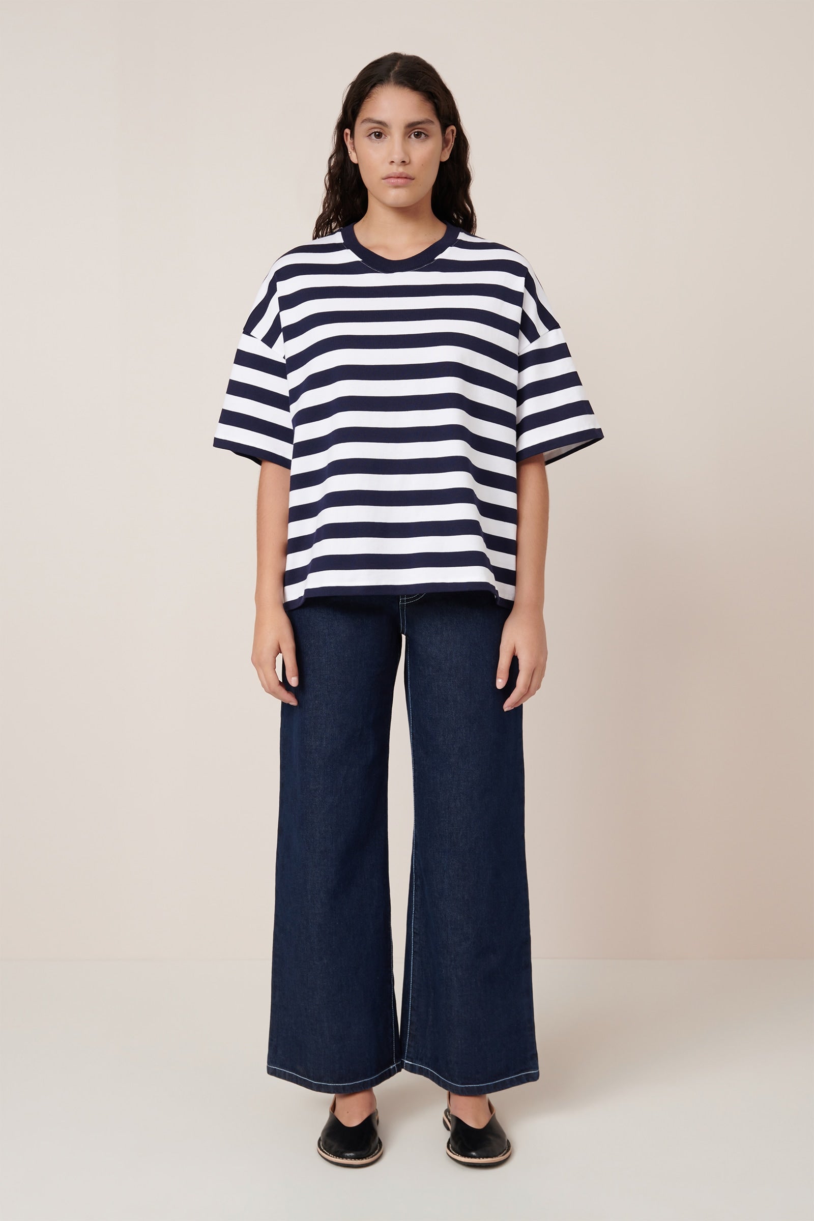 【KOOLOSET】Pigment Layered Stripe Tee Shop Oversized Black Tee - Navy White Stripe | Kowtow