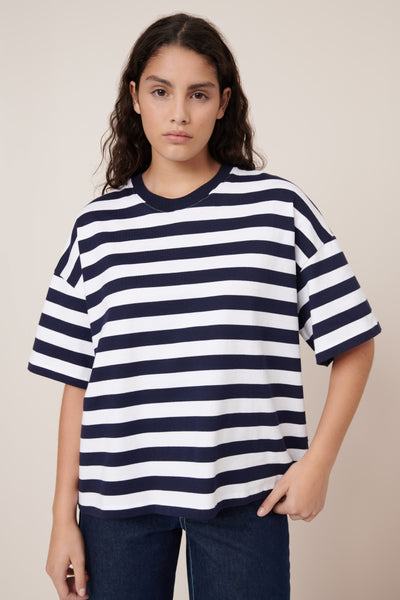 Shop Oversized Black Tee - Navy White Stripe | Kowtow Clothing