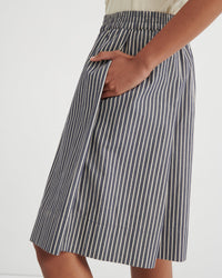 Person wearing a blue and white striped skirt on a white background