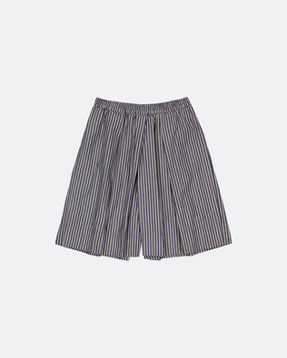 A pair of wide-leg shorts with vertical navy and white stripes, featuring an elastic waistband, shown against a plain light gray background.