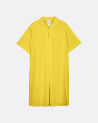 A bright yellow short-sleeve polo shirt dress with a collar and front button placket, shown flat against a light gray background.