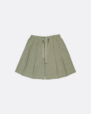 An olive green pleated skirt with a matching fabric tie belt, displayed flat against a light gray background.