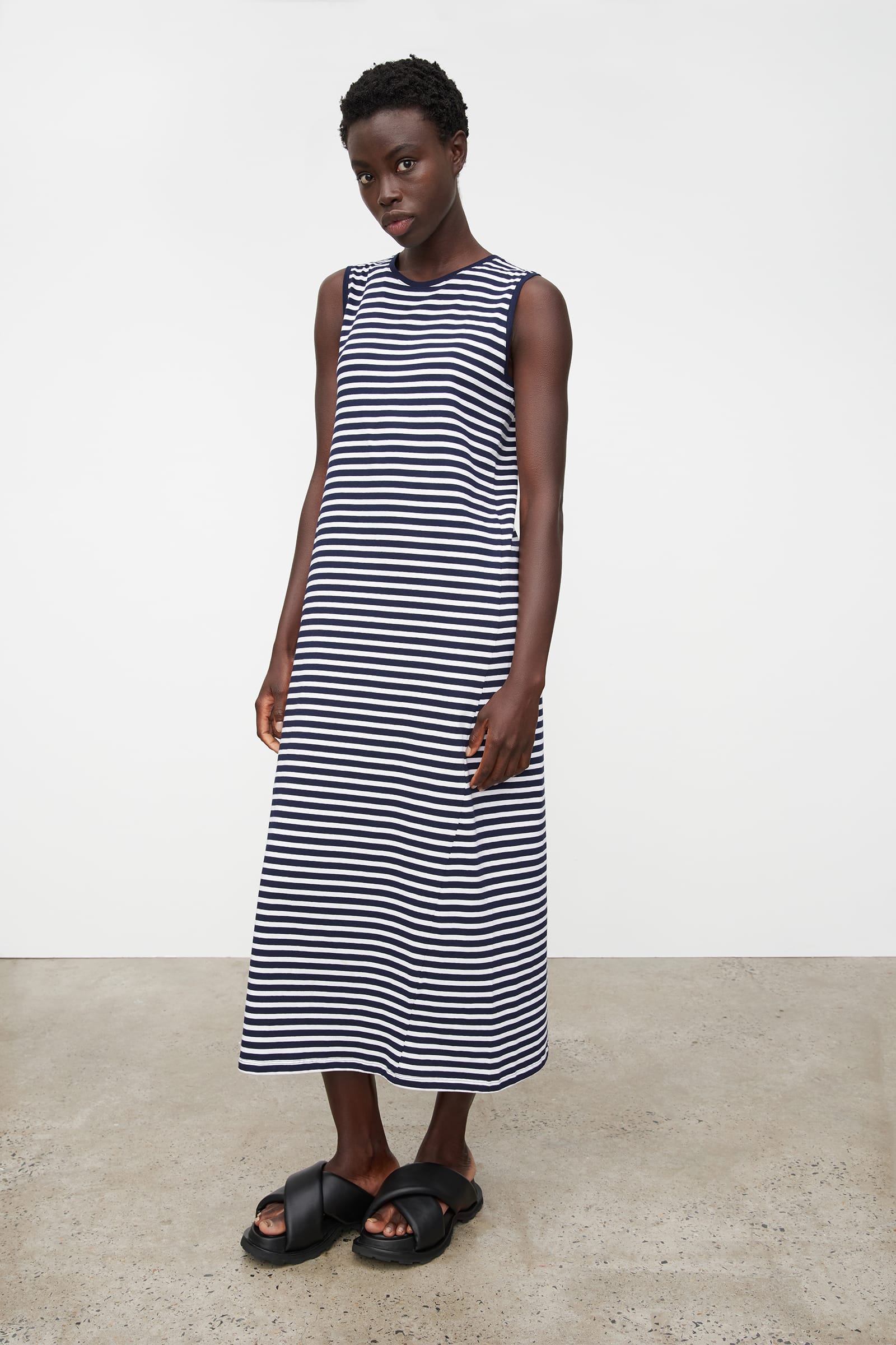 Long Singlet Dress Navy Stripe Sleeveless Dress Kowtow